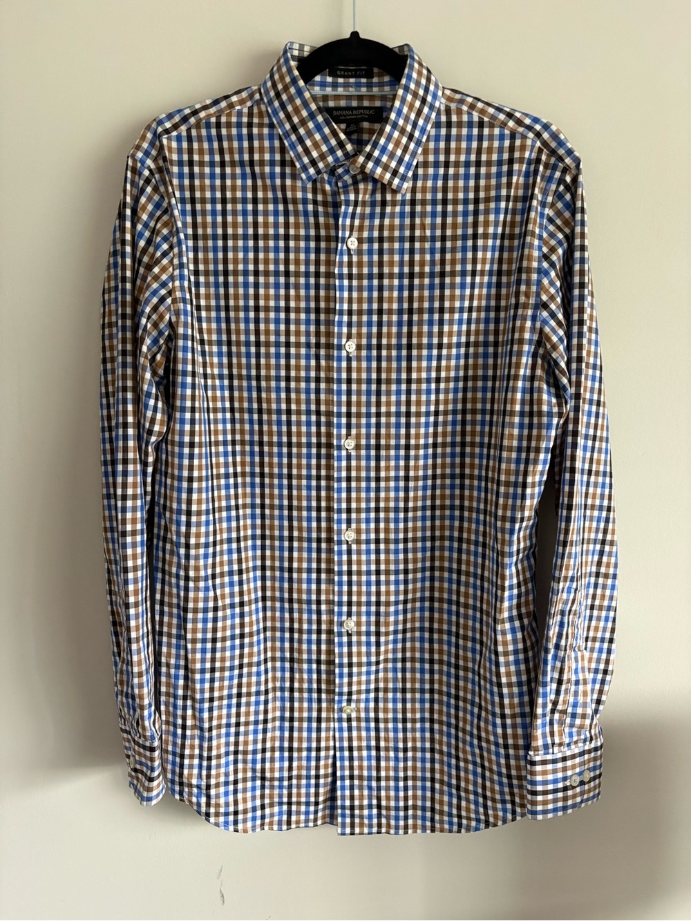 Banana Republic Men's Blue and Brown Checked Dress Shirt